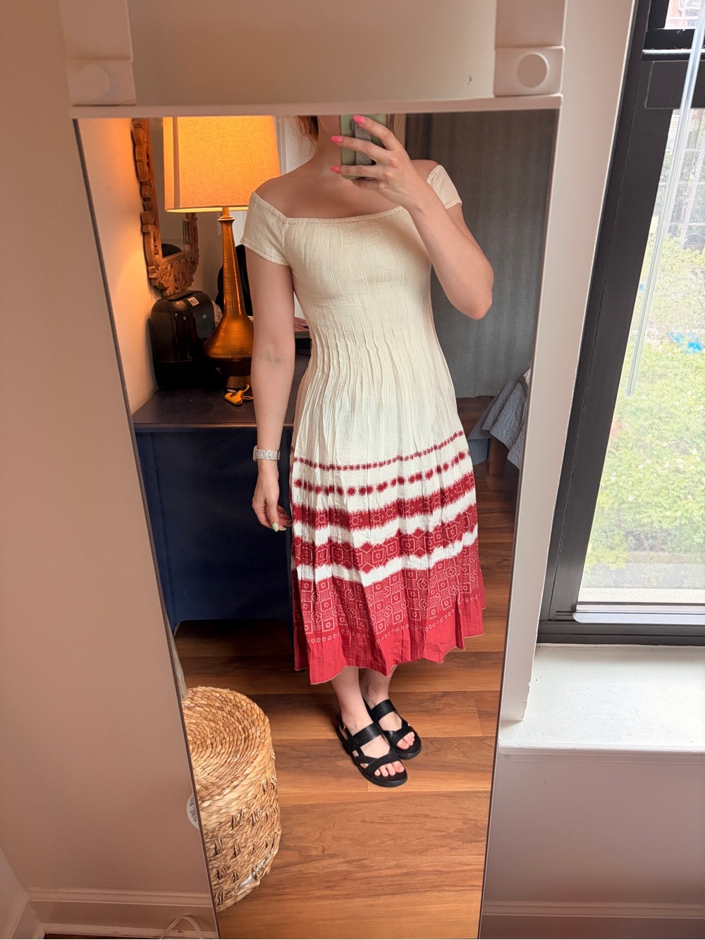 Max Studio White Red Embroidered Smocked Midi Dress M